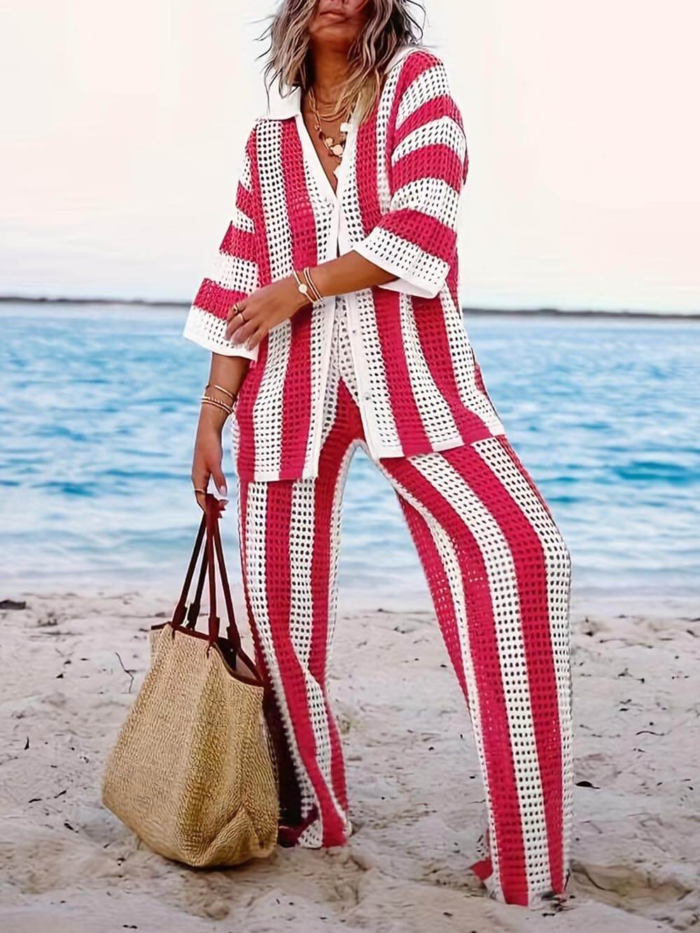 Loose V-Neck Fashion Hollow Out Striped Shirt and Wide Leg Pants Set Velano London