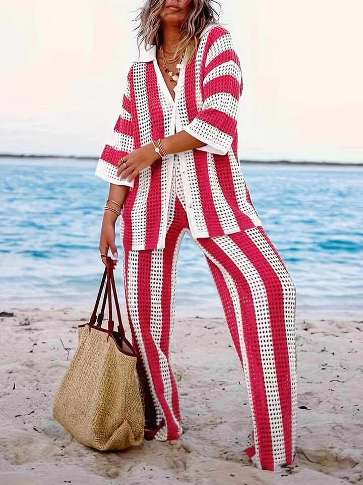 Loose V-Neck Fashion Hollow Out Striped Shirt and Wide Leg Pants Set Velano London