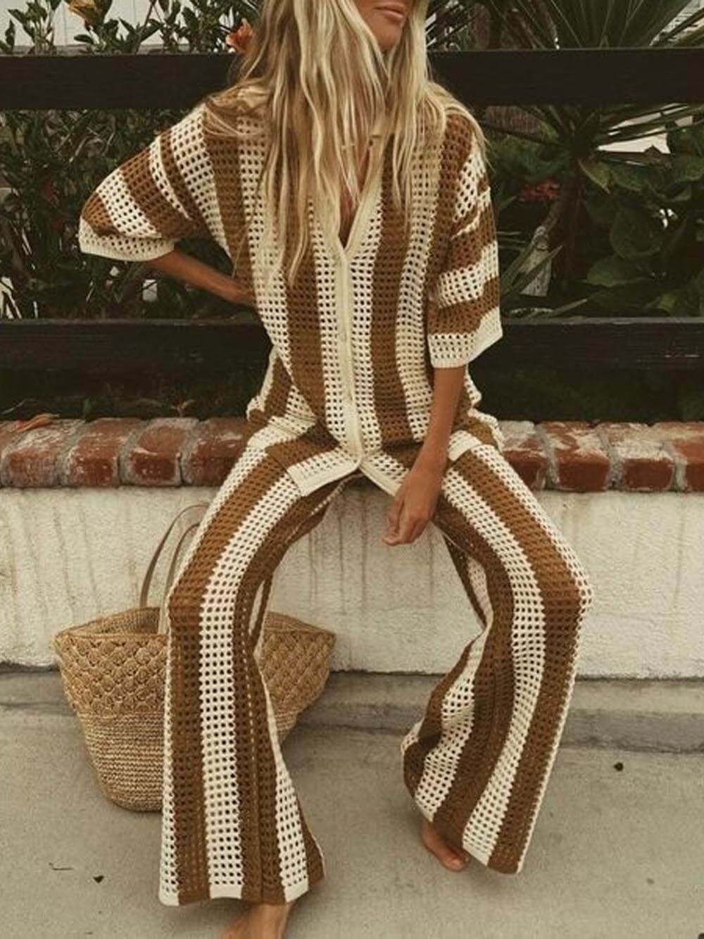 Loose V-Neck Fashion Hollow Out Striped Shirt and Wide Leg Pants Set Velano London