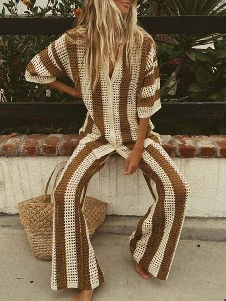 Loose V-Neck Fashion Hollow Out Striped Shirt and Wide Leg Pants Set Velano London