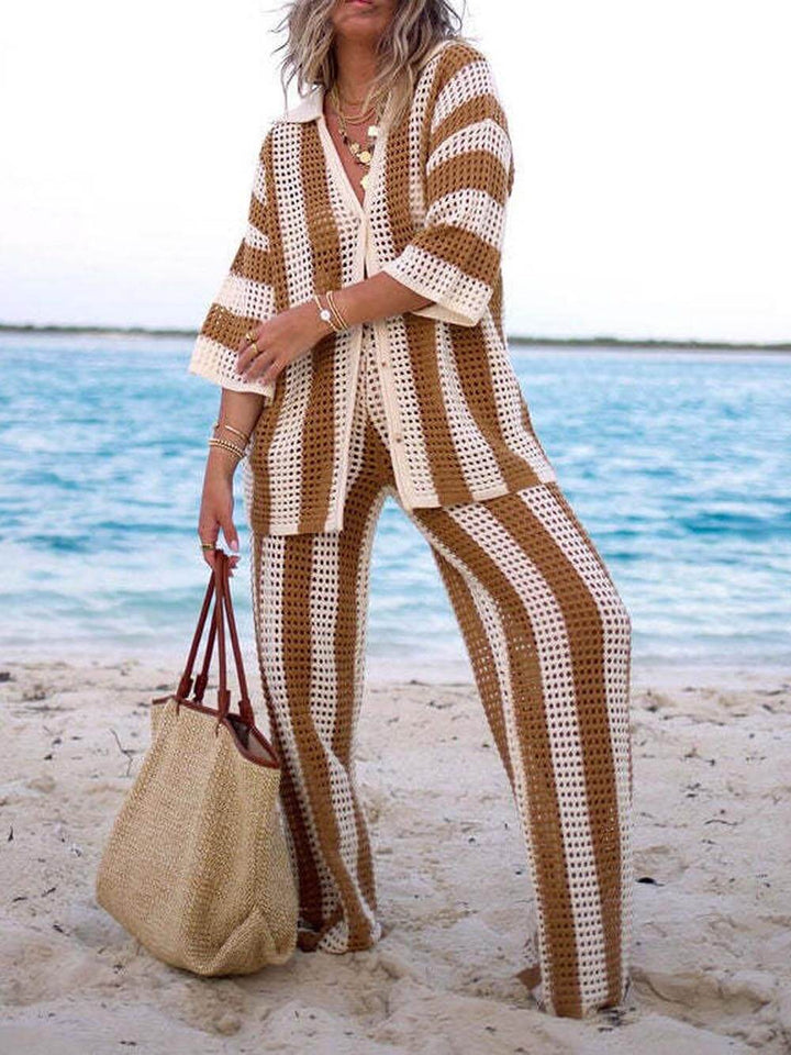 Loose V-Neck Fashion Hollow Out Striped Shirt and Wide Leg Pants Set Velano London