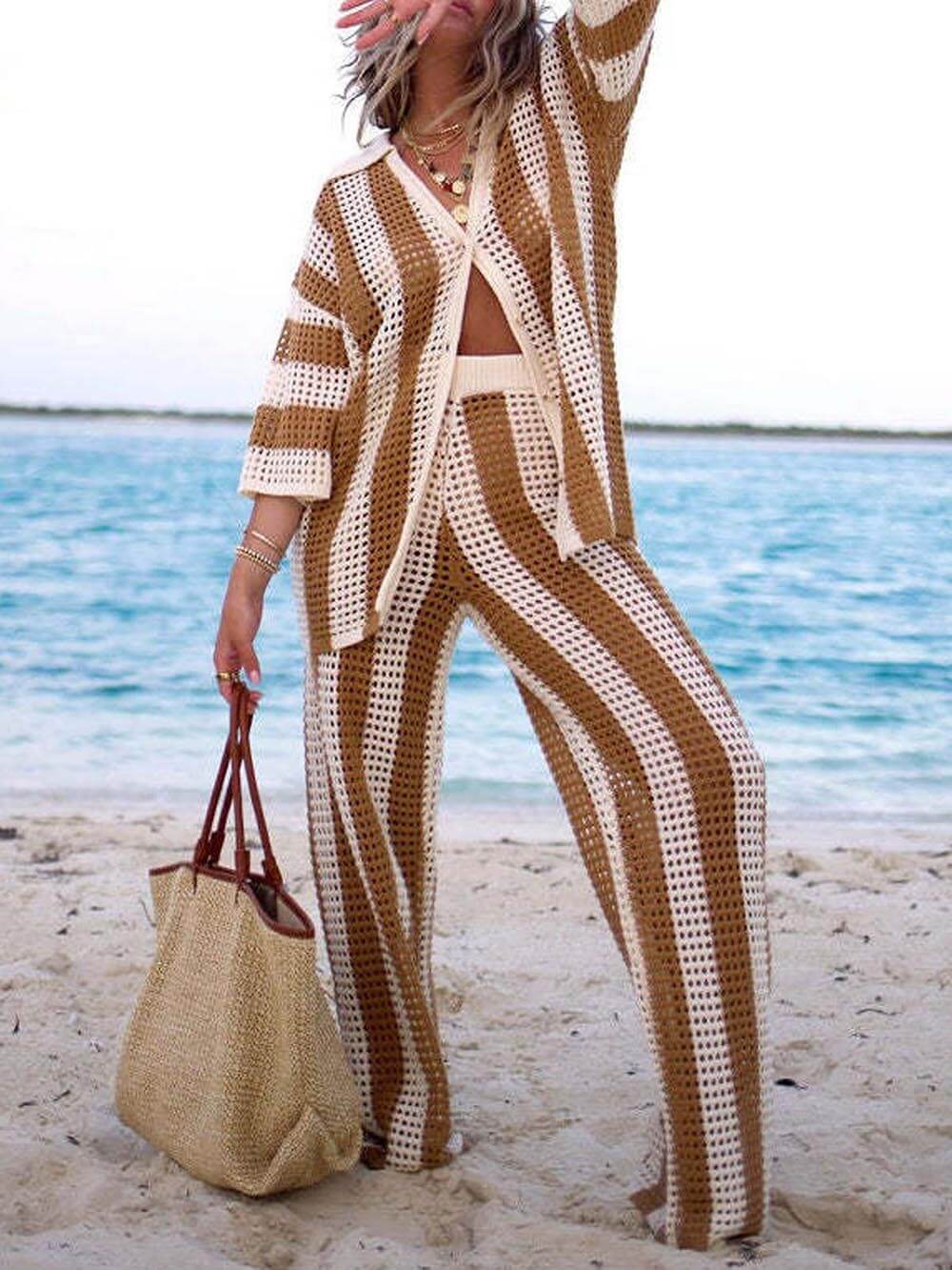 Loose V-Neck Fashion Hollow Out Striped Shirt and Wide Leg Pants Set Velano London