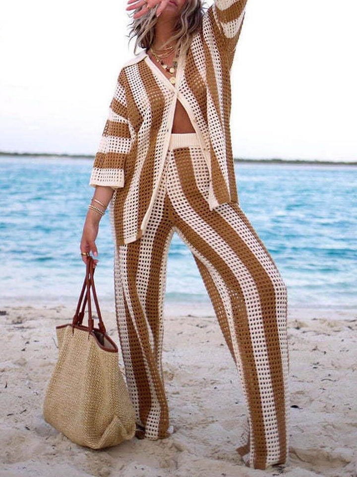Loose V-Neck Fashion Hollow Out Striped Shirt and Wide Leg Pants Set Velano London