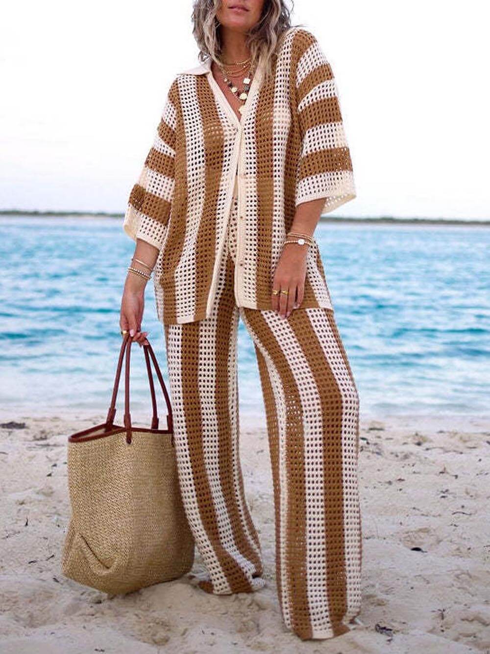 Loose V-Neck Fashion Hollow Out Striped Shirt and Wide Leg Pants Set Velano London