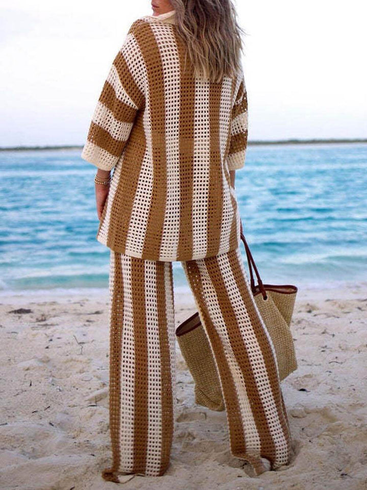 Loose V-Neck Fashion Hollow Out Striped Shirt and Wide Leg Pants Set Velano London
