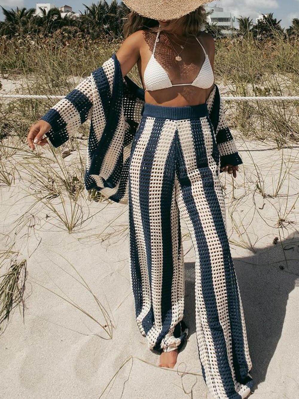 Loose V-Neck Fashion Hollow Out Striped Shirt and Wide Leg Pants Set Velano London