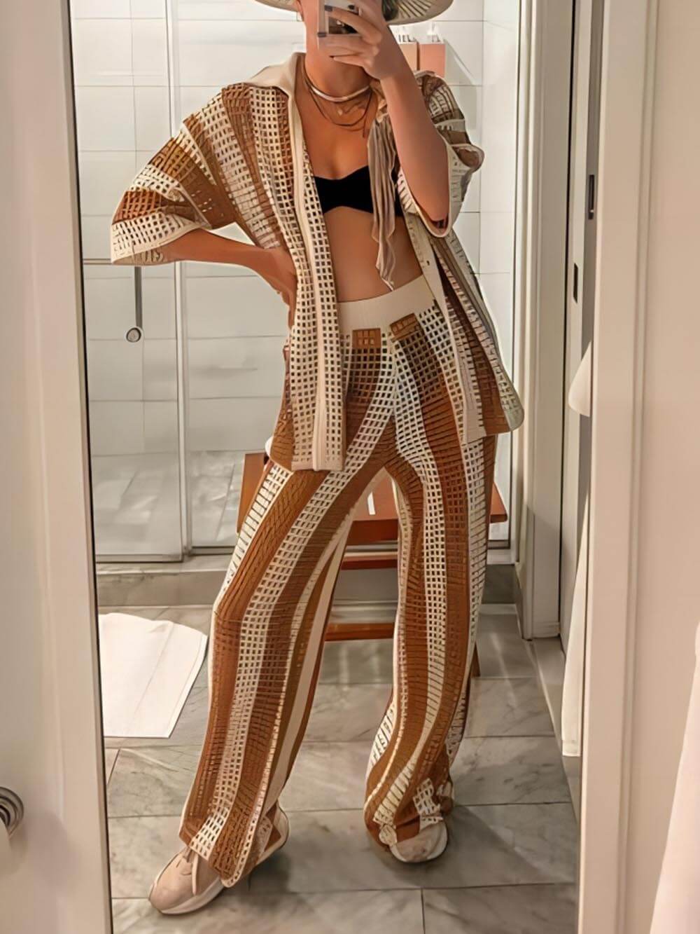 Loose V-Neck Fashion Hollow Out Striped Shirt and Wide Leg Pants Set Velano London