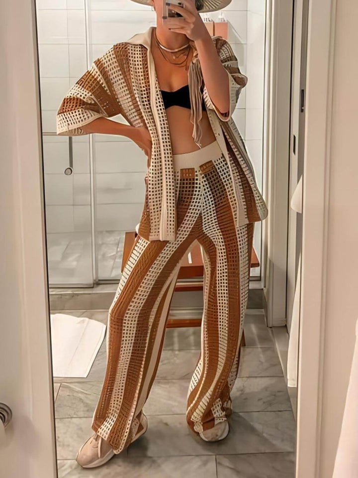 Loose V-Neck Fashion Hollow Out Striped Shirt and Wide Leg Pants Set Velano London