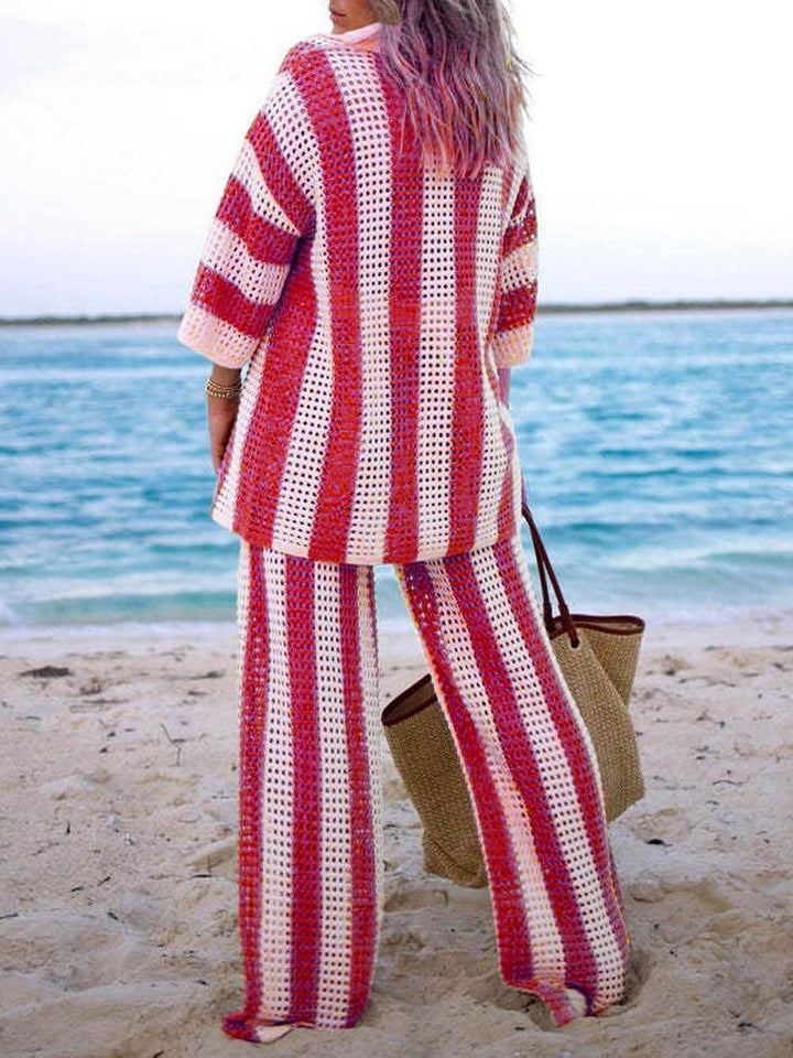 Loose V-Neck Fashion Hollow Out Striped Shirt and Wide Leg Pants Set Velano London