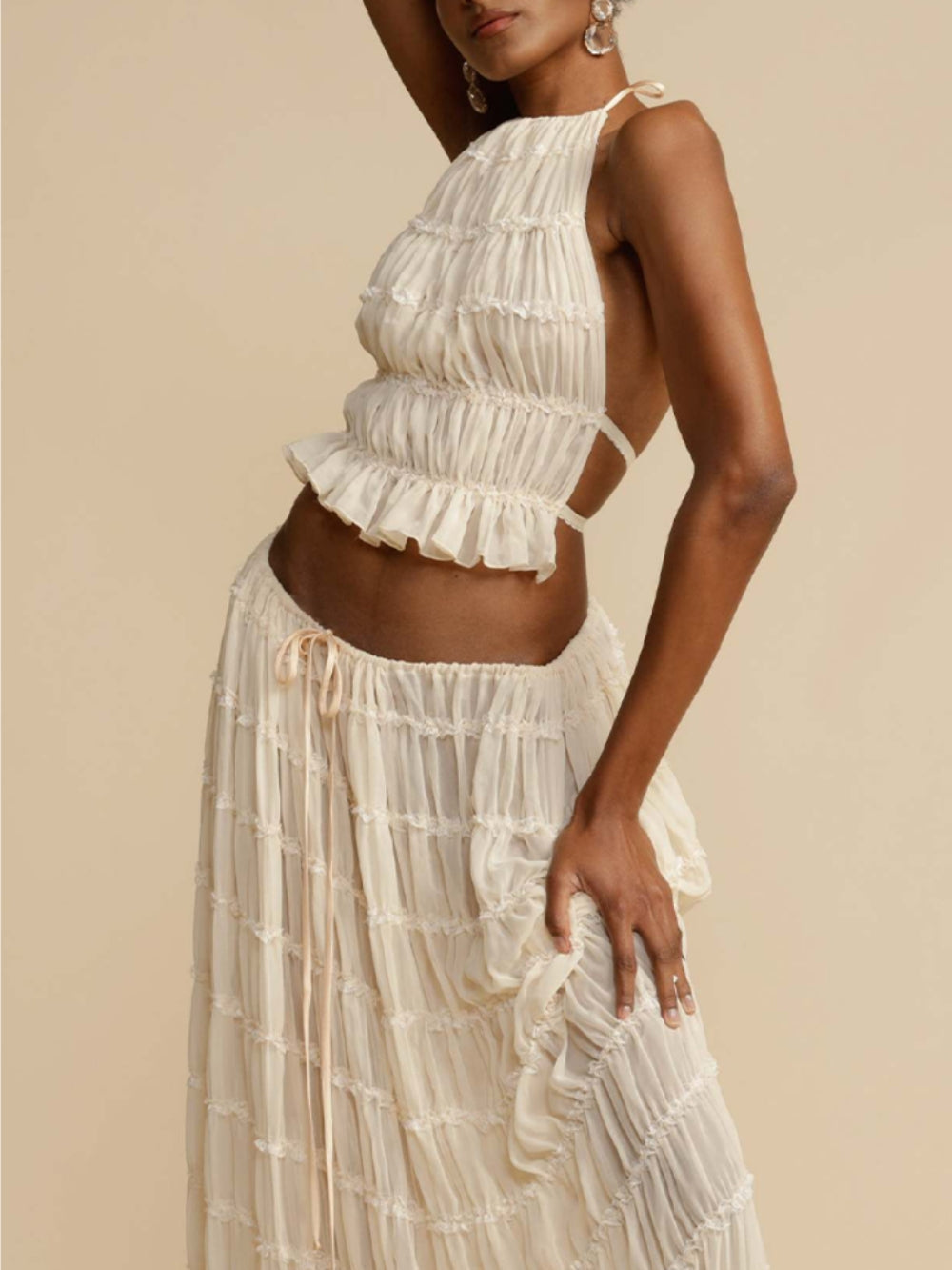 Pleated Drawstring Charm Waist Tiered Maxi Skirt Velano London