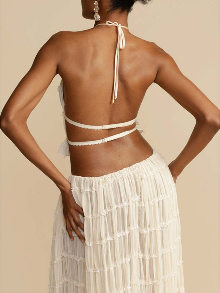 Pleated Drawstring Charm Waist Tiered Maxi Skirt Velano London