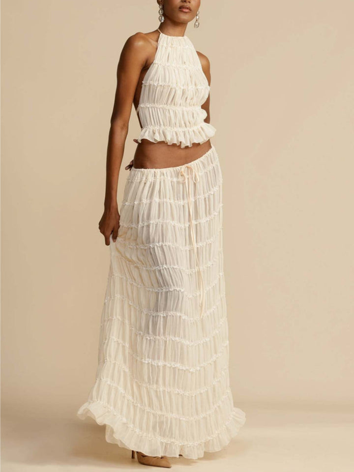 Pleated Drawstring Charm Waist Tiered Maxi Skirt Velano London