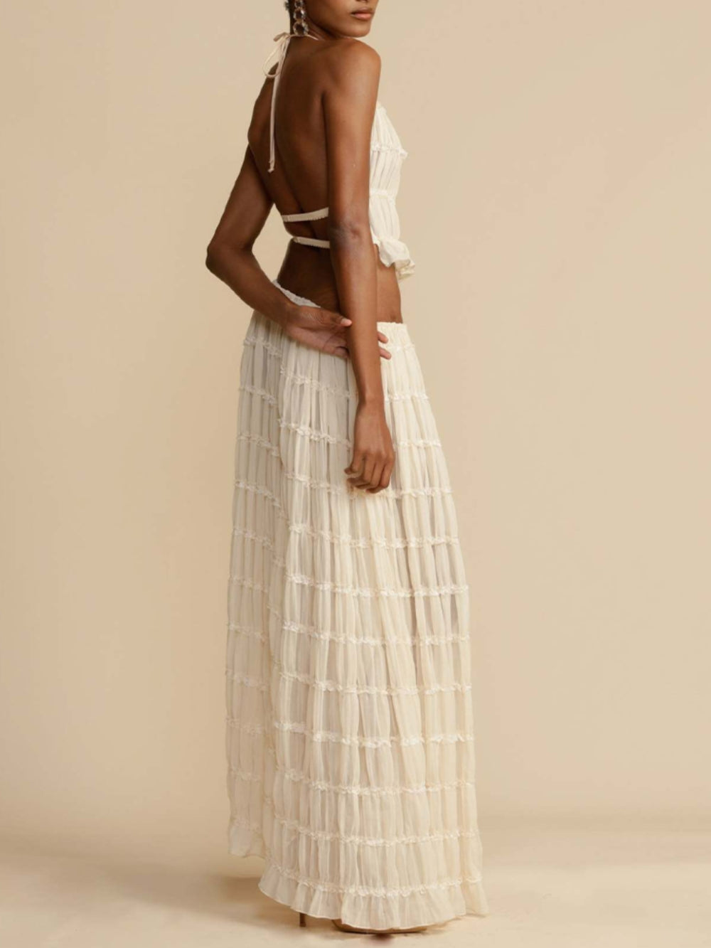 Pleated Drawstring Charm Waist Tiered Maxi Skirt Velano London