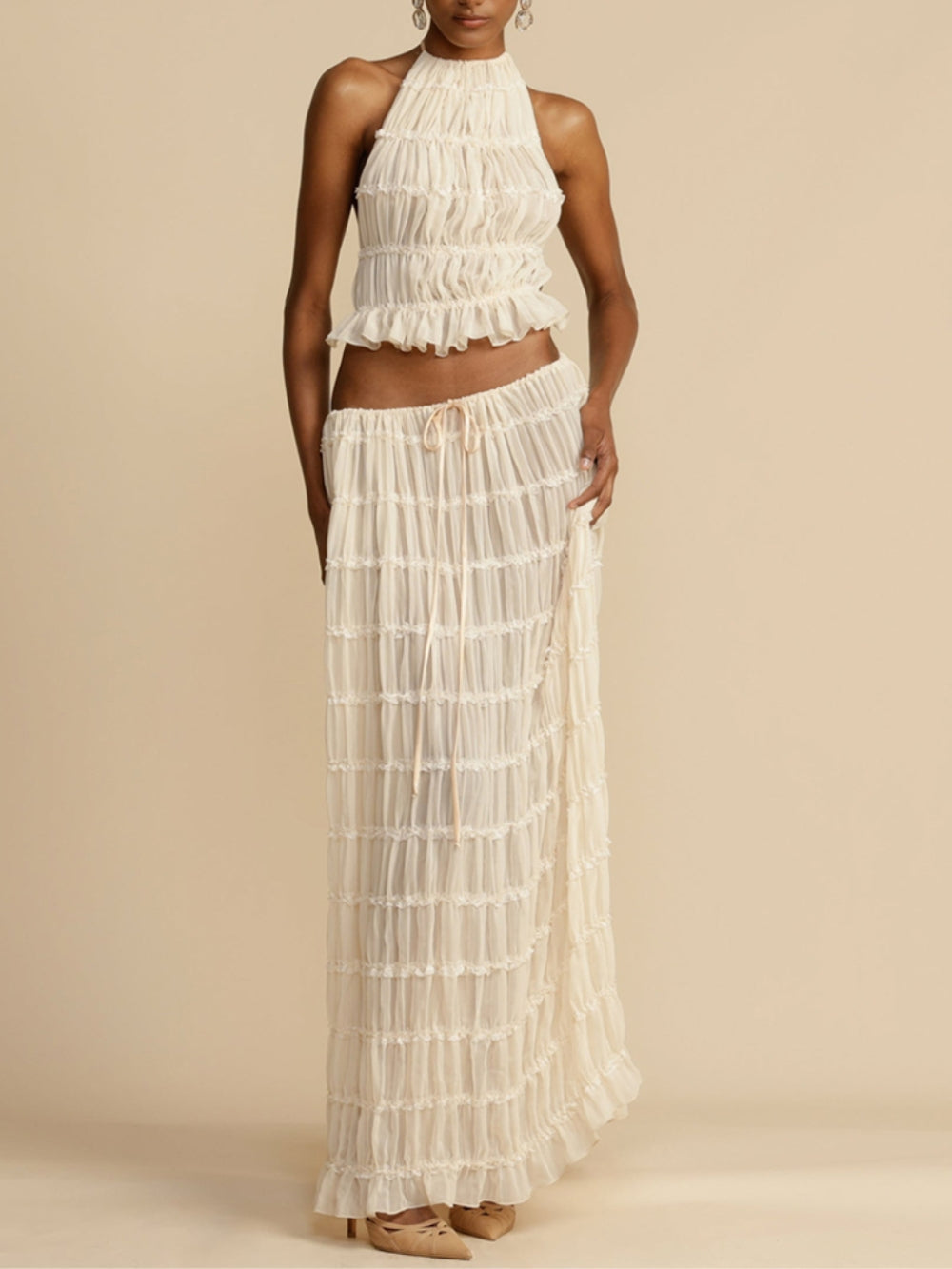 Pleated Drawstring Charm Waist Tiered Maxi Skirt Velano London