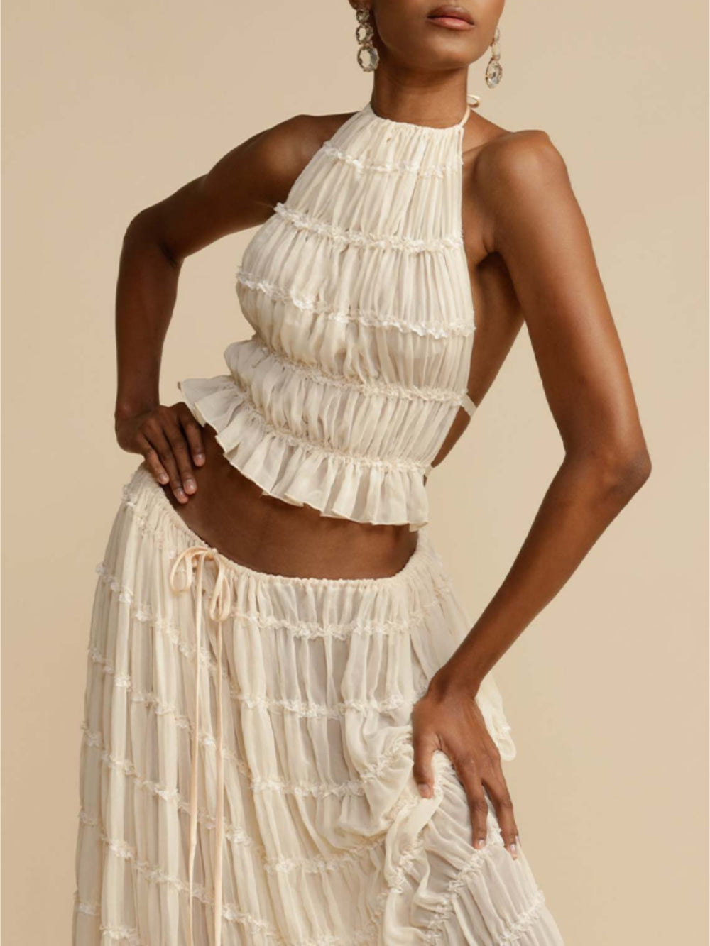 Pleated Drawstring Charm Waist Tiered Maxi Skirt Velano London